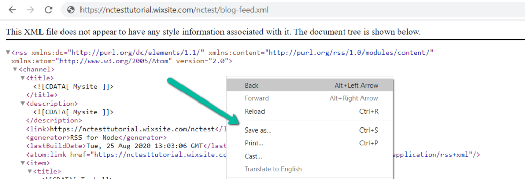 Tampilan mendetail dari peta situs XML