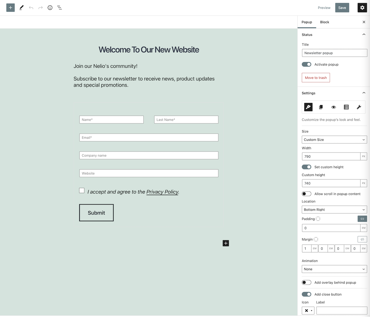 Modifica di un popup che include un modulo