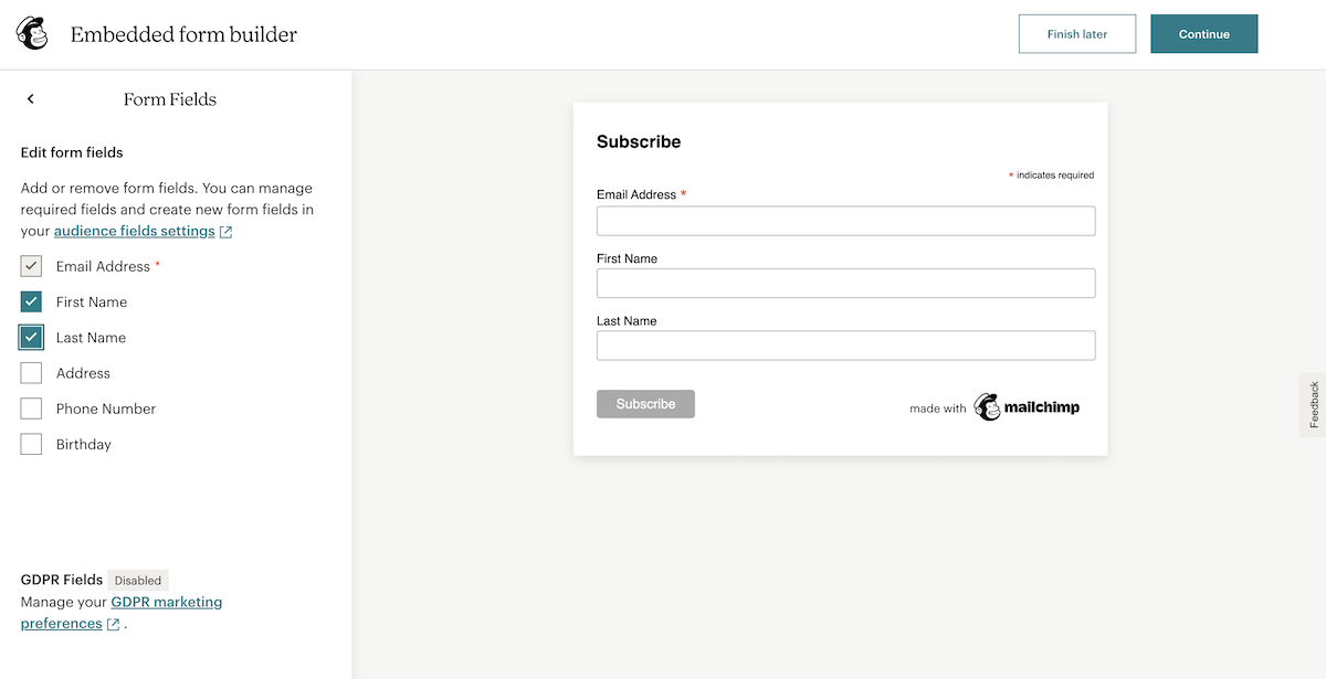Aggiungi i campi che desideri visualizzare dal modulo MailChimp