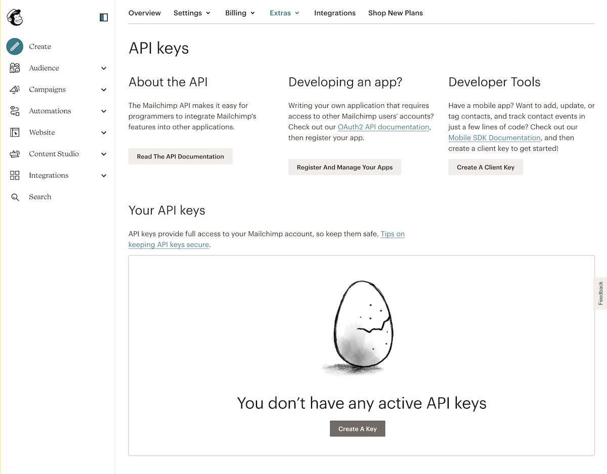 Attiva una nuova chiave API in MailChimp