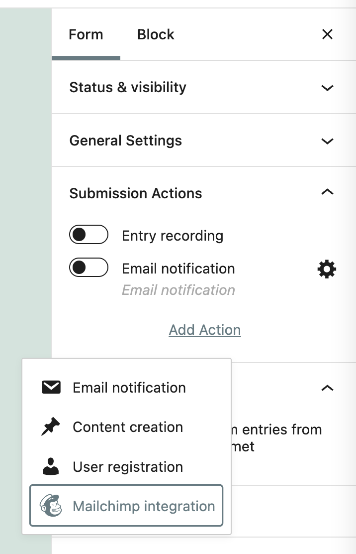 Azione di integrazione di MailChimp con Nelio Forms