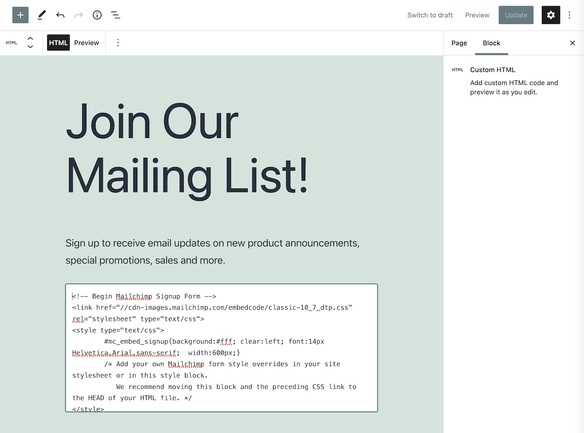 Incolla il codice copiato da Mailchimp