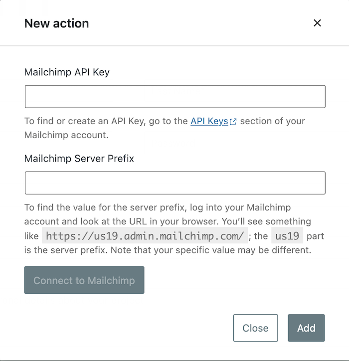 Inserisci il codice API MailChimp