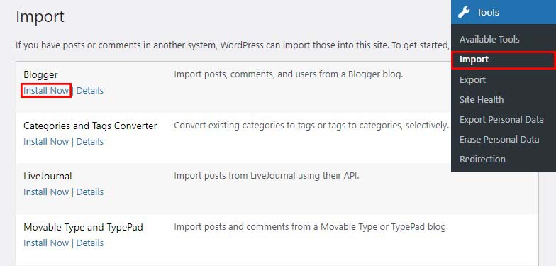 Installer Blogger Importer pour WordPress