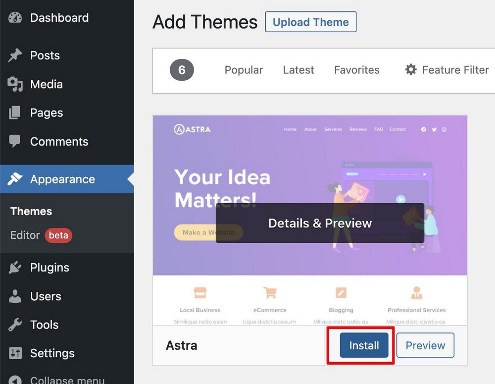 在 WordPress 中安裝 astra 主題