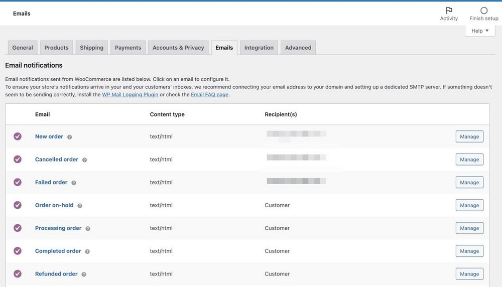 woocommerce 電子郵件設置