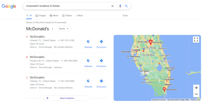 Предварительный просмотр карты с несколькими местоположениями в Google Multiple location map preview on Google