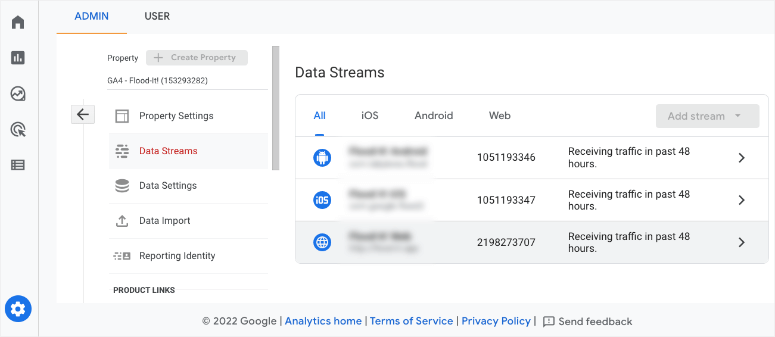 fluxos de dados ga4 - IsItWP - Detector de temas WordPress gratuito GA4 data streams