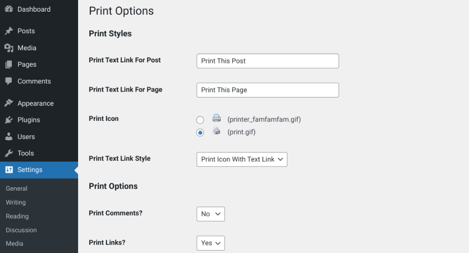 Les options du plug-in WP-Print.