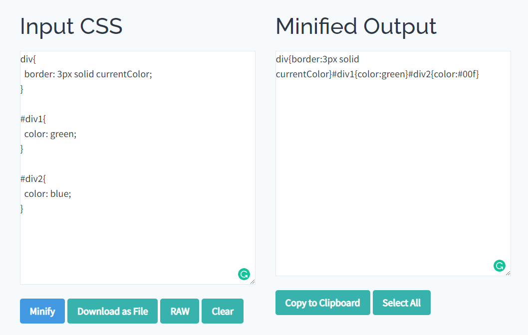 CSS original și versiunea redusă afișată în miniatorul CSS de la Toptal
