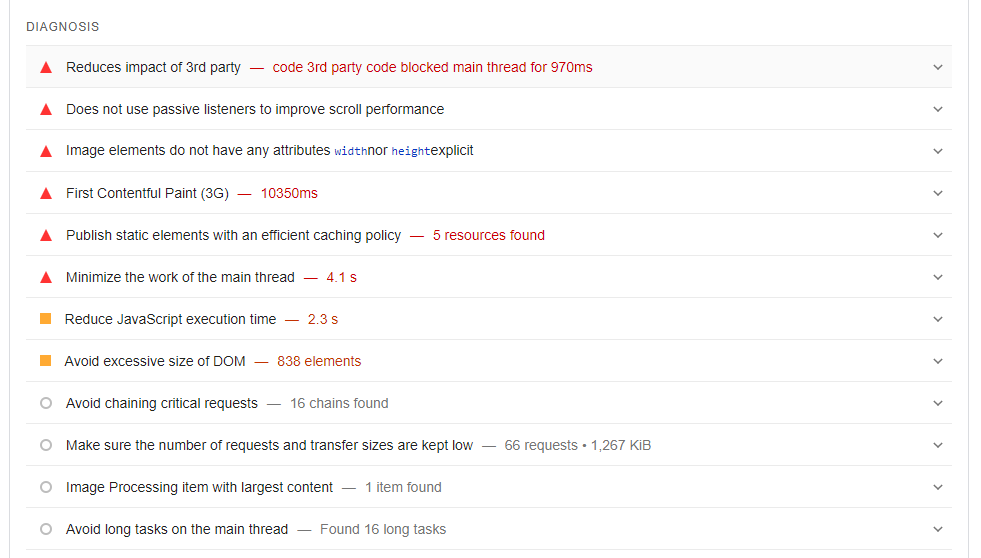 listă de îmbunătățiri din PageSpeed Insights