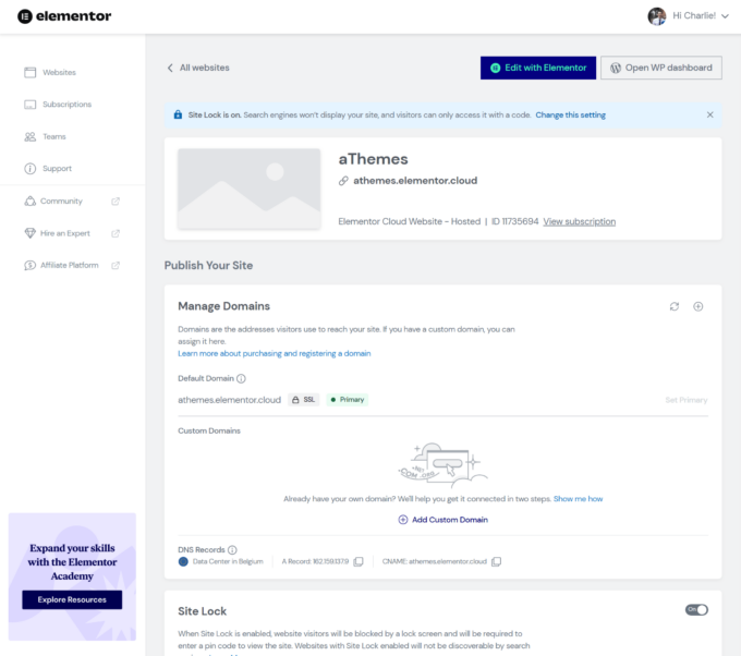 Облачная панель Elementor