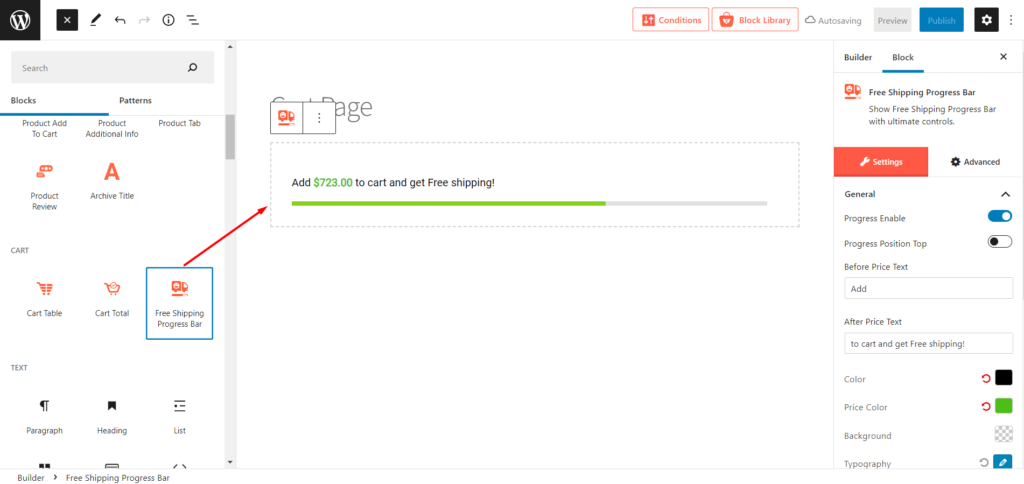 如何使用 ProductX 6 編輯 WooCommerce 購物車頁面 Free Shipping Progress Bar