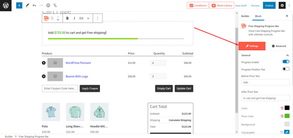 如何使用 ProductX 12 編輯 WooCommerce 購物車頁面 Editing Options Free Shipping Progress Barl