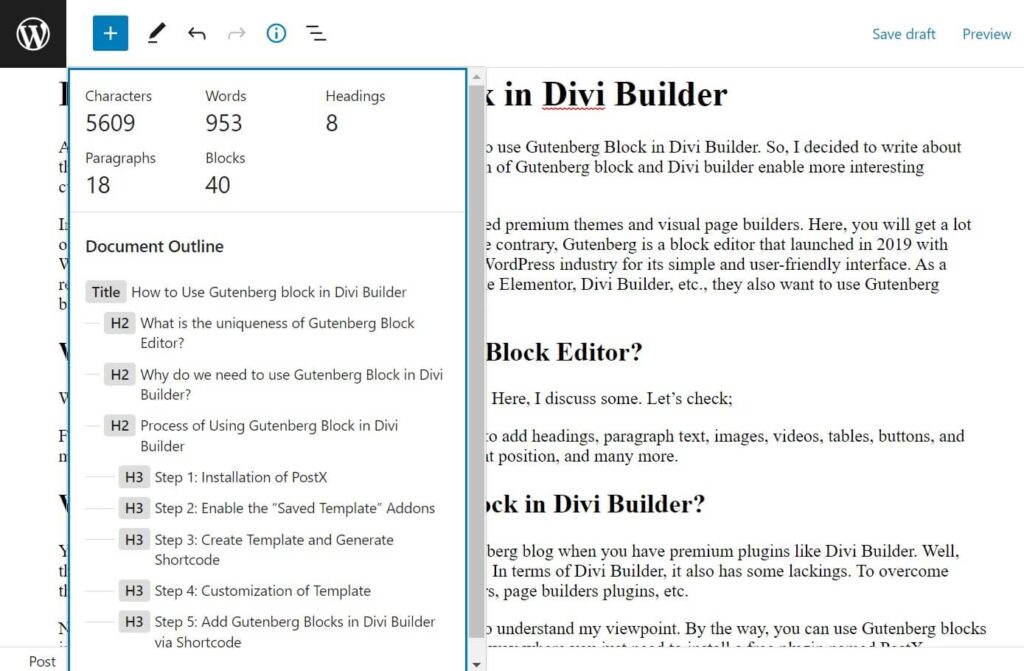 DiviBuilder4でグーテンベルクブロックを使用する簡単な手順 document outline option