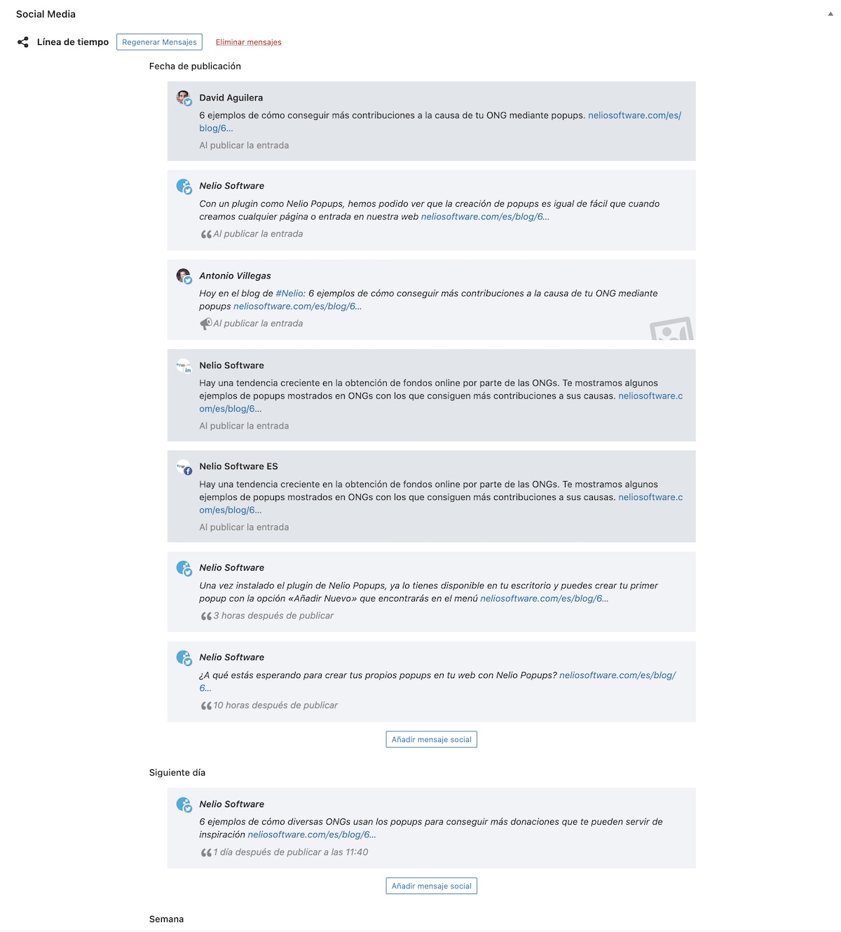 スペインのソーシャルメディアで公開される自動メッセージと手動メッセージを組み合わせたソーシャルタイムライン。