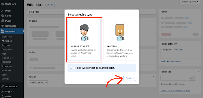 创建登录用户配方 Creating a logged-in users recipe
