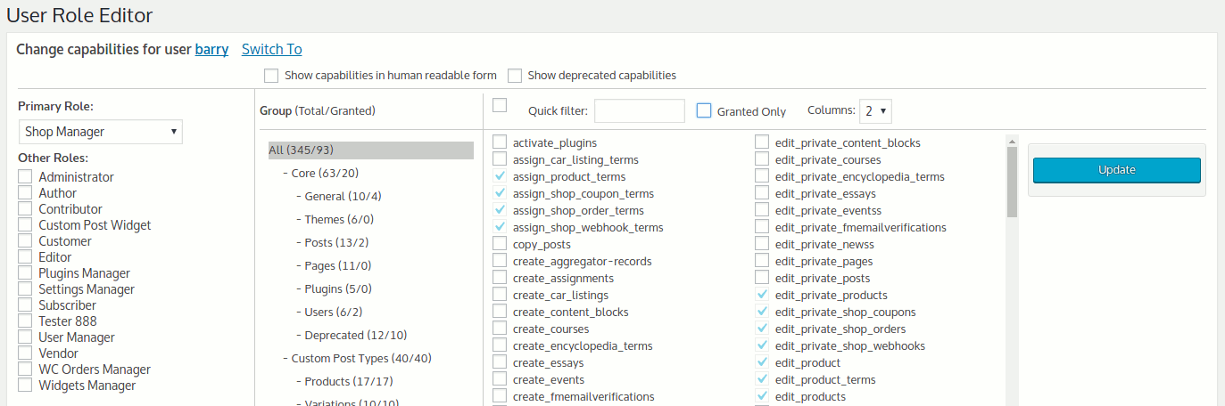 รายการสิทธิ์ที่คุณสามารถกำหนดให้กับผู้ใช้ด้วยปลั๊กอิน User Role Editor