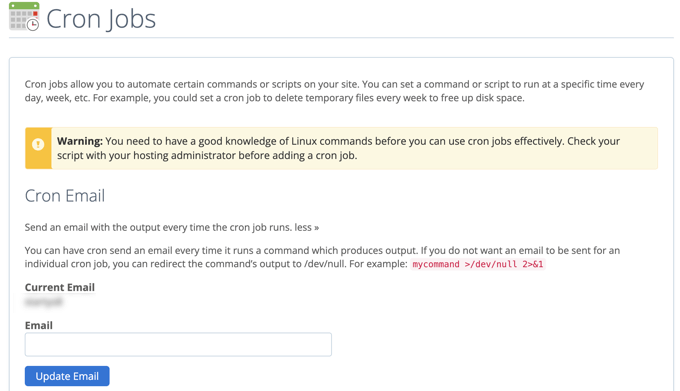 Strona zadań cPanel Cron The cPanel Cron Jobs Page