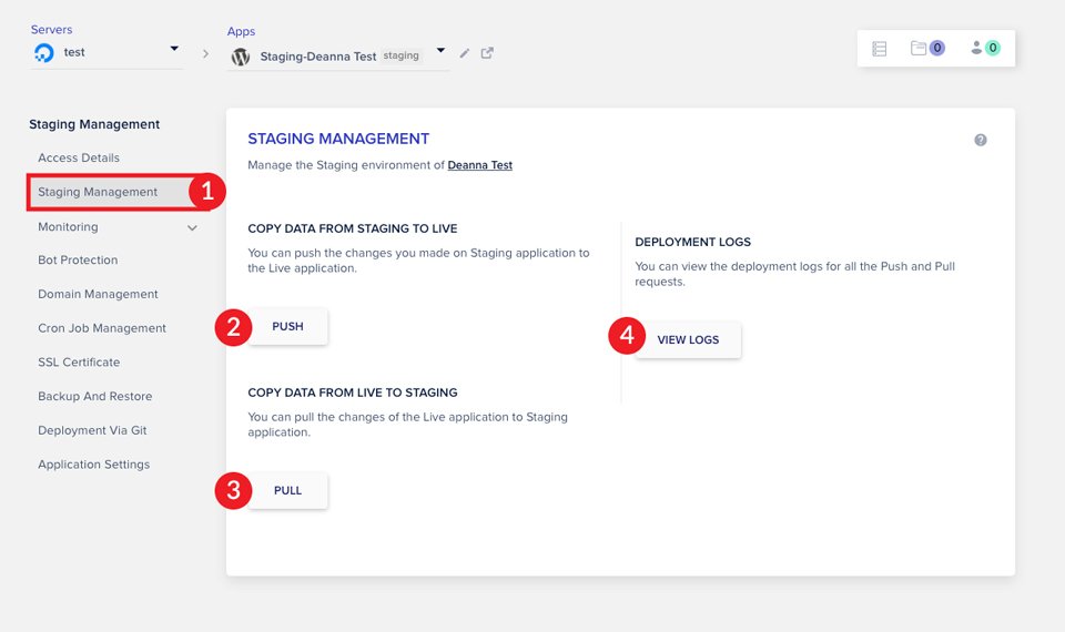 Cloudways Staging-Verwaltungsbildschirm
