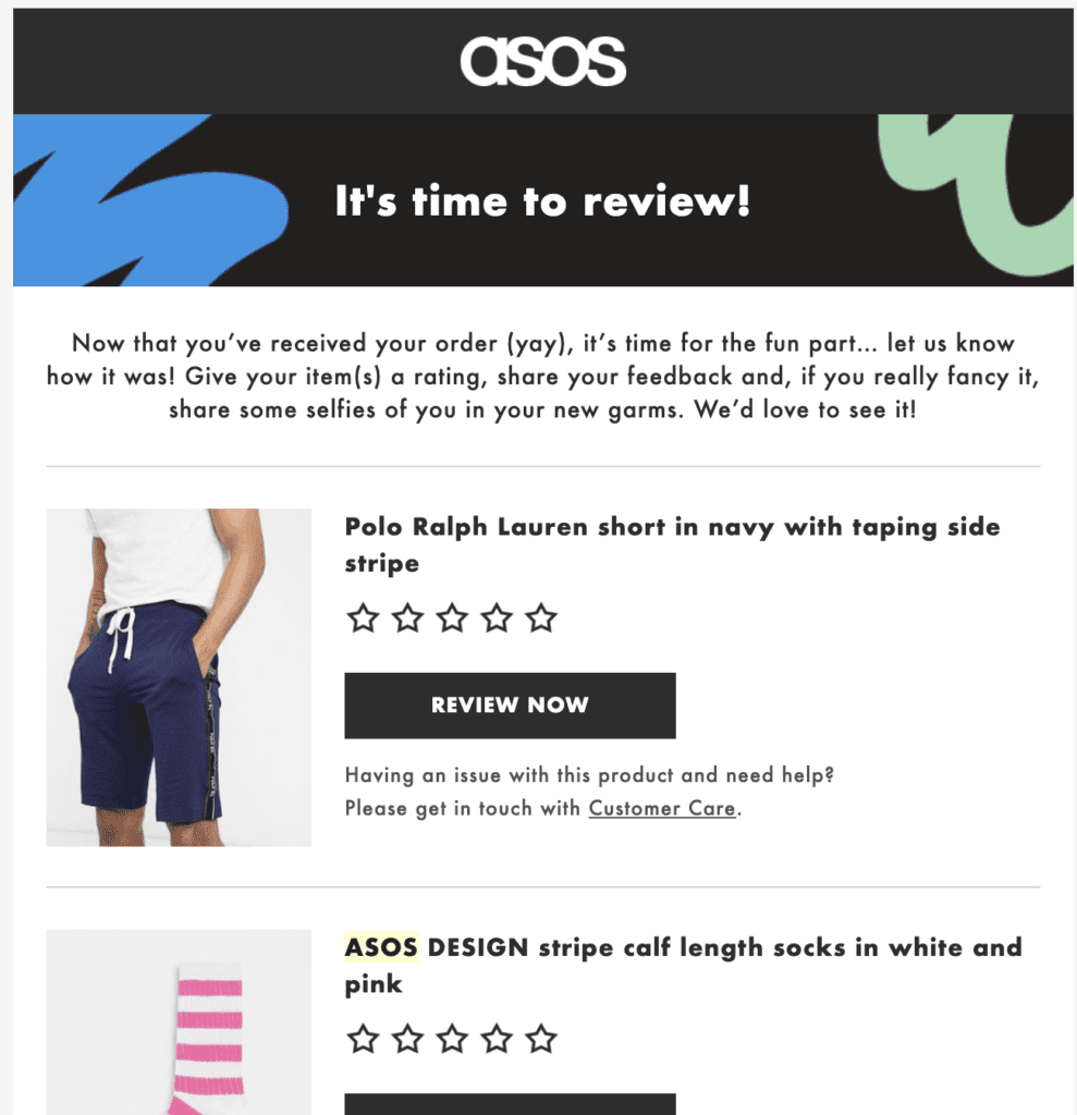 Exemplo de e-mail da Asos para obter avaliações