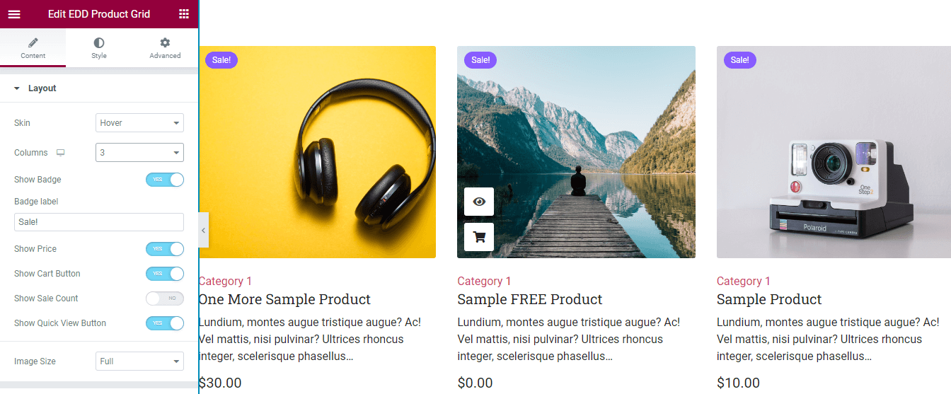 Descărcări digitale ușoare de la Happy Addons Widget pentru grilă de produse: o modalitate ușoară de a decora produsele digitale 3 Content Layout Settings