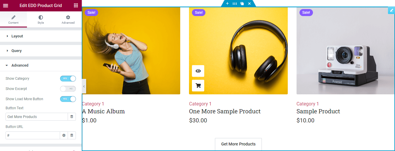 Descărcări digitale ușoare de la Happy Addons Widget pentru grilă de produse: o modalitate ușoară de a decora produsele digitale 6 Advanced Product Grid Content Settings