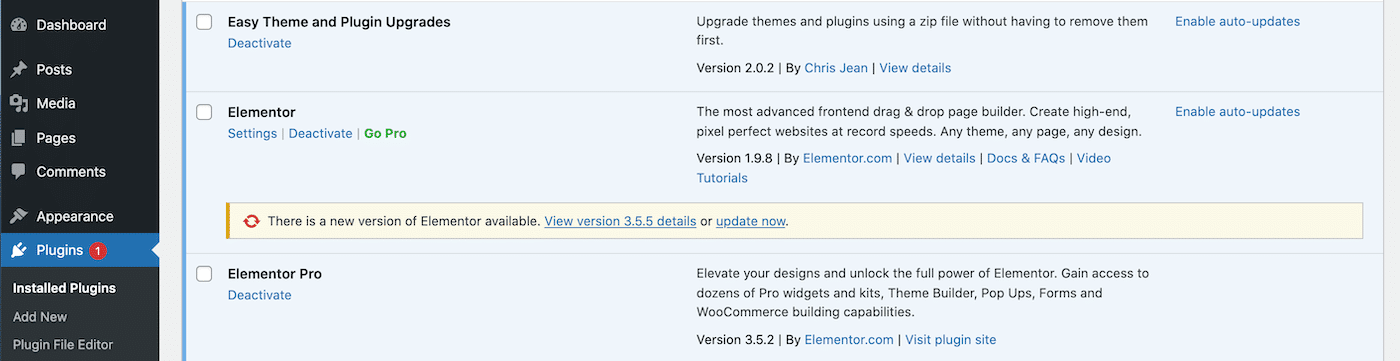 Voir la nouvelle version d'Elementor dans la section plugins du tableau de bord WordPress