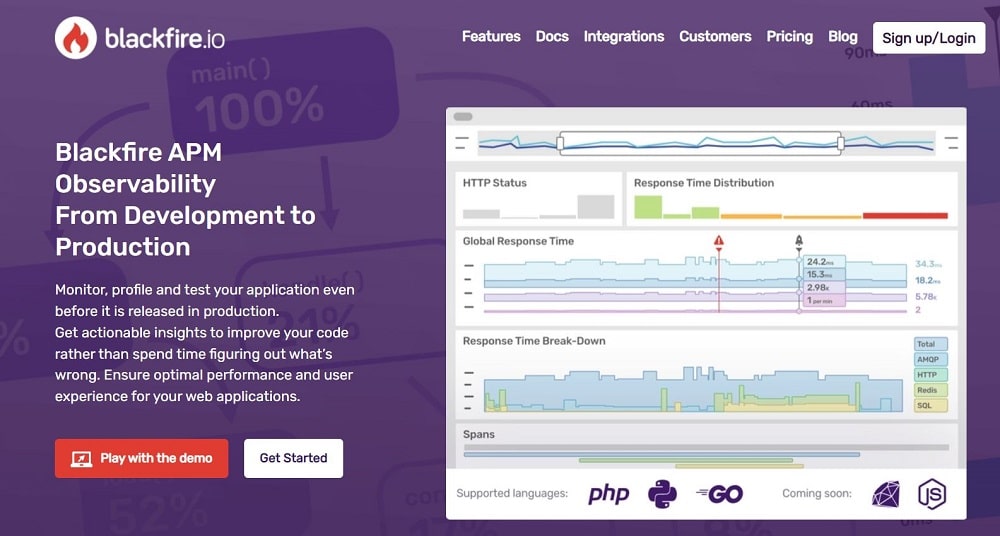 Schermata della home page del sito Web di Blackfire.io
