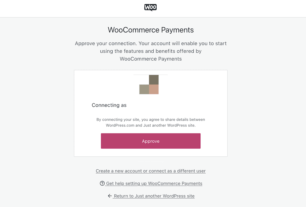 사용자 데이터를 보여주는 WooCommerce Payments 연결 화면과 다음을 읽는 버튼