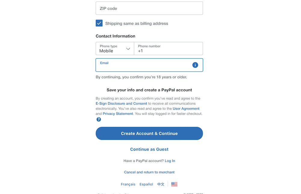 우편 번호, 휴대폰 번호 및 이메일 주소 필드를 표시하는 PayPal의 체크아웃 페이지. 계정을 만들고 결제를 계속할 수 있는 파란색 버튼과 함께 공개 정보 및 링크가 있습니다.