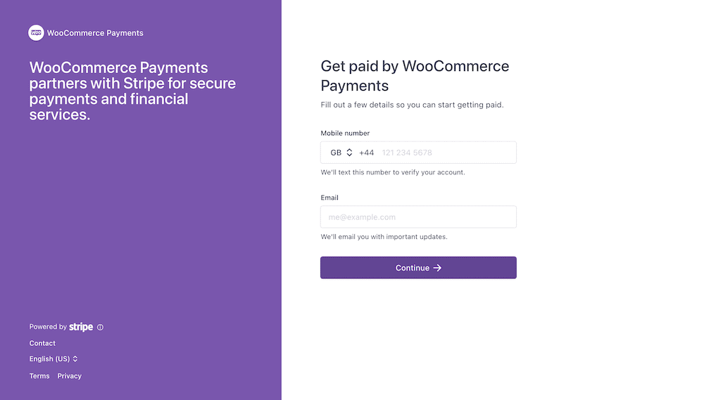 보라색 스플래시 화면 및 보라색 버튼 읽기와 함께 전화번호 및 이메일 필드를 표시하는 WooCommerce Payments의 확인 화면