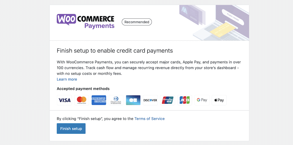 설치에 필요한 종속성에 대한 지침이 있는 WooCommerce 결제 설정 화면 및