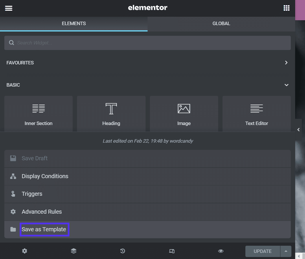 Salve seu pop-up elementor como um modelo