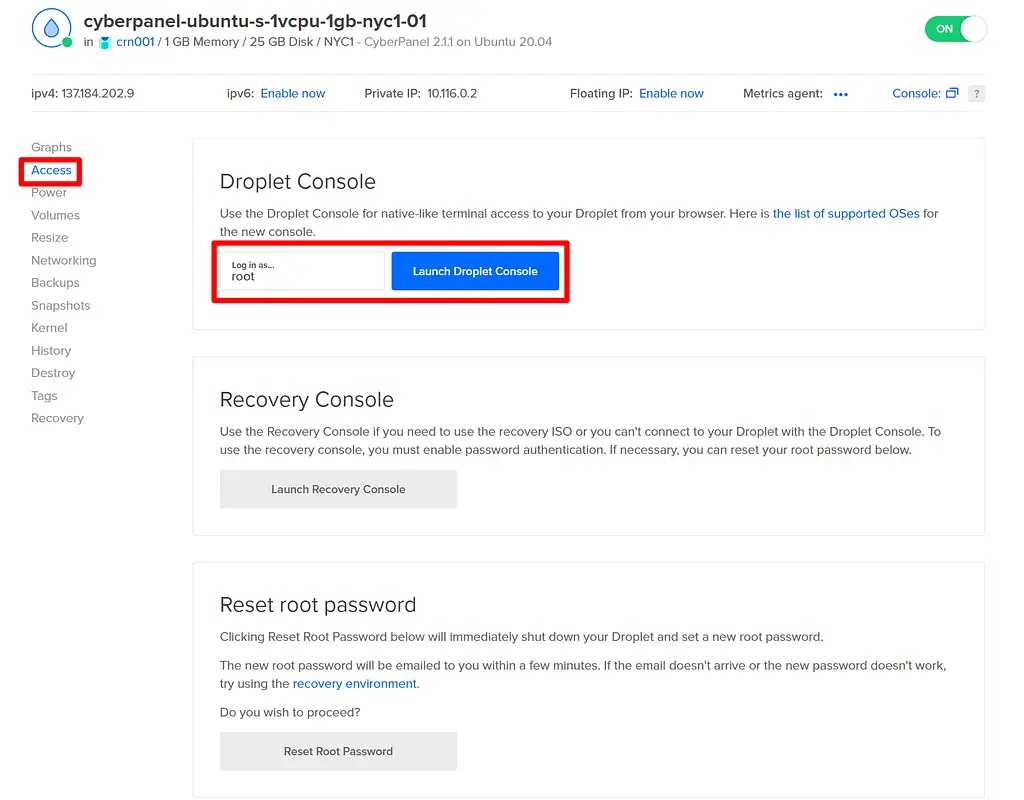 Консоль DigitalOcean
