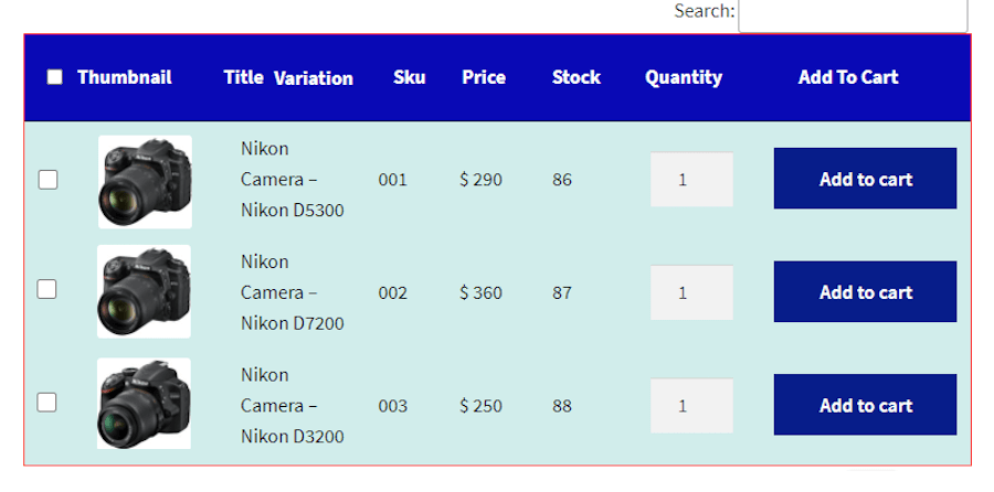 Tangkapan layar Tabel Variasi Produk untuk ekstensi WooCommerce.
