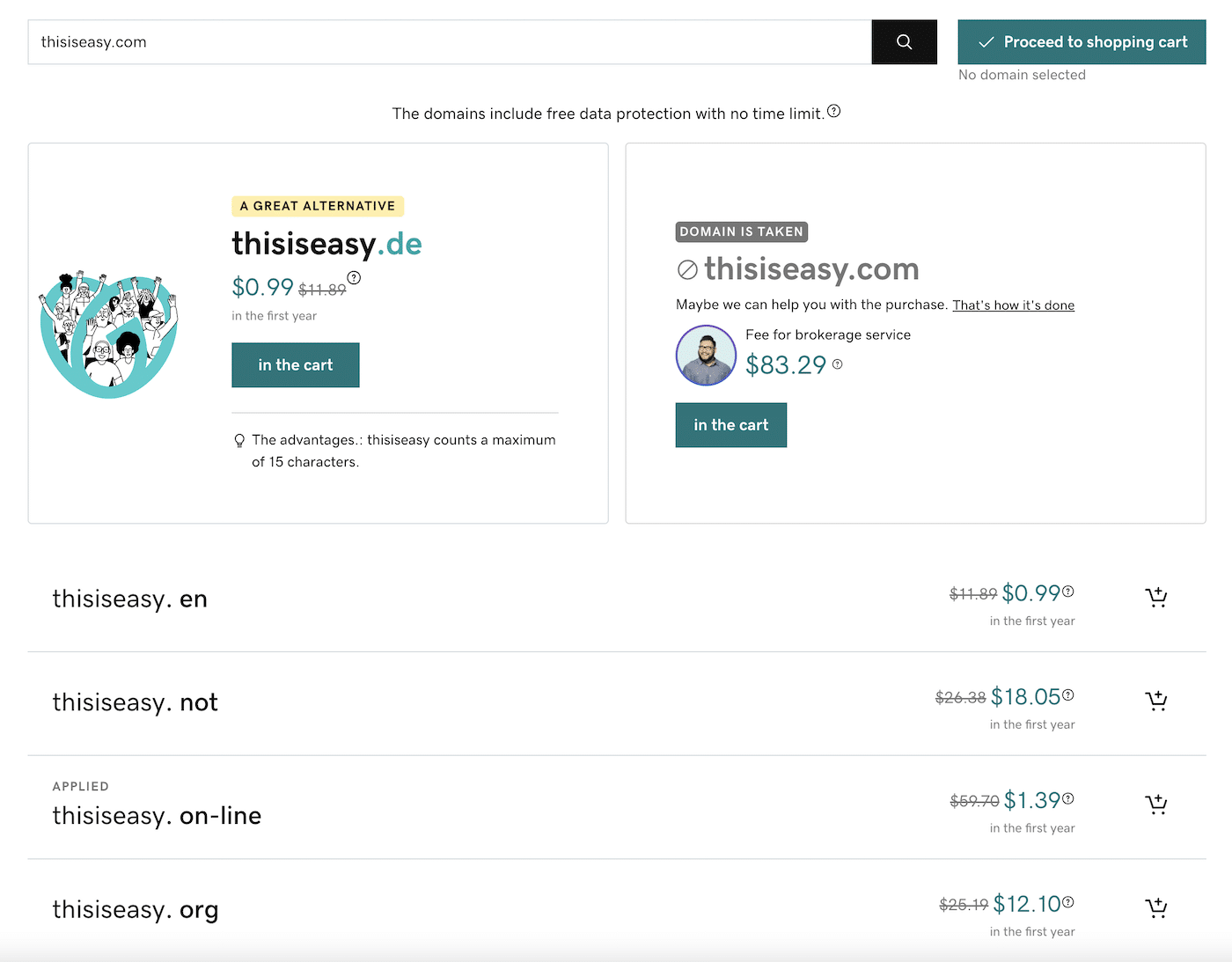 GoDaddy menunjukkan ketersediaan ekstensi domain untuk “thisiseasy.com.” Perusahaan menawarkan opsi harga rendah seharga $0,99 untuk tahun pertama, kemudian opsi untuk mencoba dan membeli domain yang tepat seharga $83,29. Di bawah ini adalah daftar opsi domain lain dengan berbagai harga, dari $0,99 hingga $18,05.