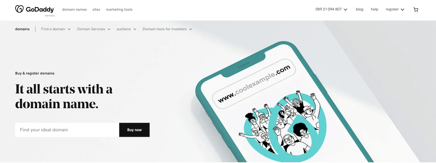 Laman landas GoDaddy menampilkan situs web contoh di ponsel pintar berwarna putih-putih. Teks hitam dengan latar belakang abu-abu bertuliskan, “Beli & daftarkan nama domain. Semuanya dimulai dengan nama domain.”