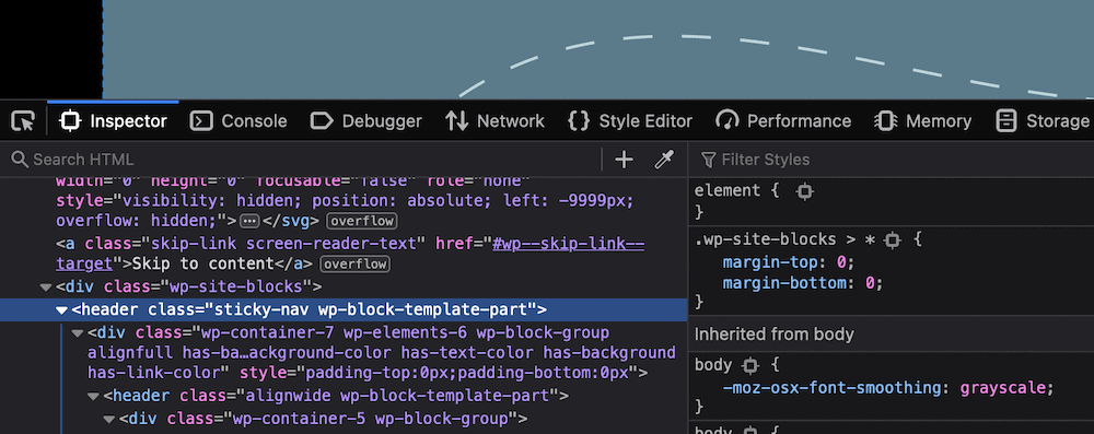 Layar Twenty Twenty-Two Inspect Element, menampilkan sebagian dari halaman beranda default, dan kode HTML yang menampilkan dua tag header yang berbeda.
