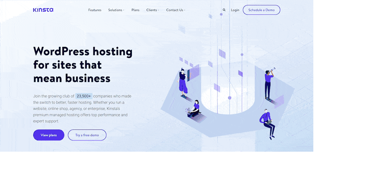 Tajuk lengket untuk situs web Kinsta, menampilkan logo Kinsta, tautan navigasi situs utama, ikon pencarian, tautan masuk, dan tombol untuk "Jadwalkan Demo." Saat GIF bergulir, tajuk lengket menghilang, hingga animasi mengungkapkannya lagi saat gulir ke atas.