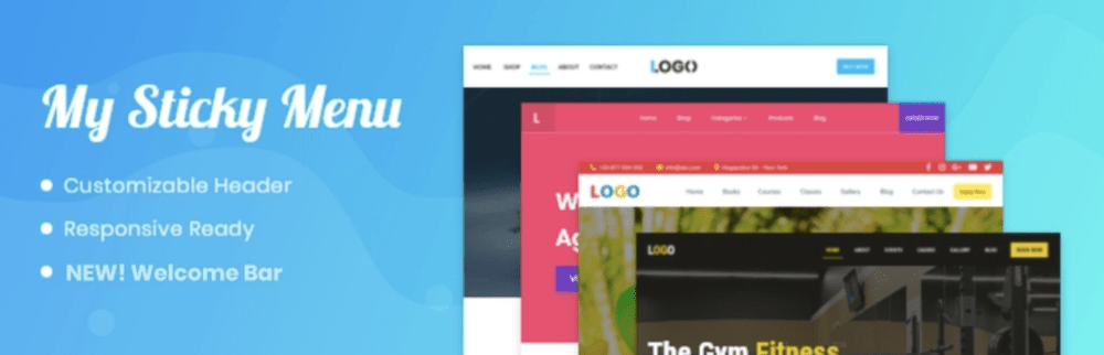 Header plugin myStickymenu dari WordPress.org, menampilkan judul untuk "My Sticky Menu", daftar fitur utama berbutir, dan tiga situs web overlay yang menunjukkan gaya tata letak header yang berbeda.