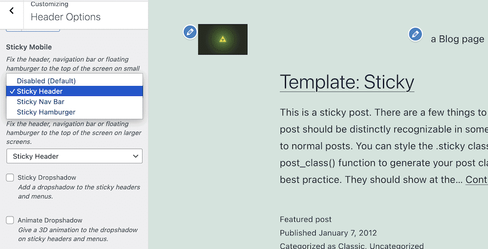Penyesuai WordPress, menampilkan pratinjau tema Twenty Twenty One, dan bilah sisi yang menampilkan opsi header untuk pengaturan Sticky Mobile dan Sticky Desktop. Ada menu drop-down terbuka yang menampilkan pengaturan berbeda untuk pilihan elemen sticky, bersama dengan kotak centang untuk sticky drop-shadow, dan untuk menganimasikan drop-shadow.