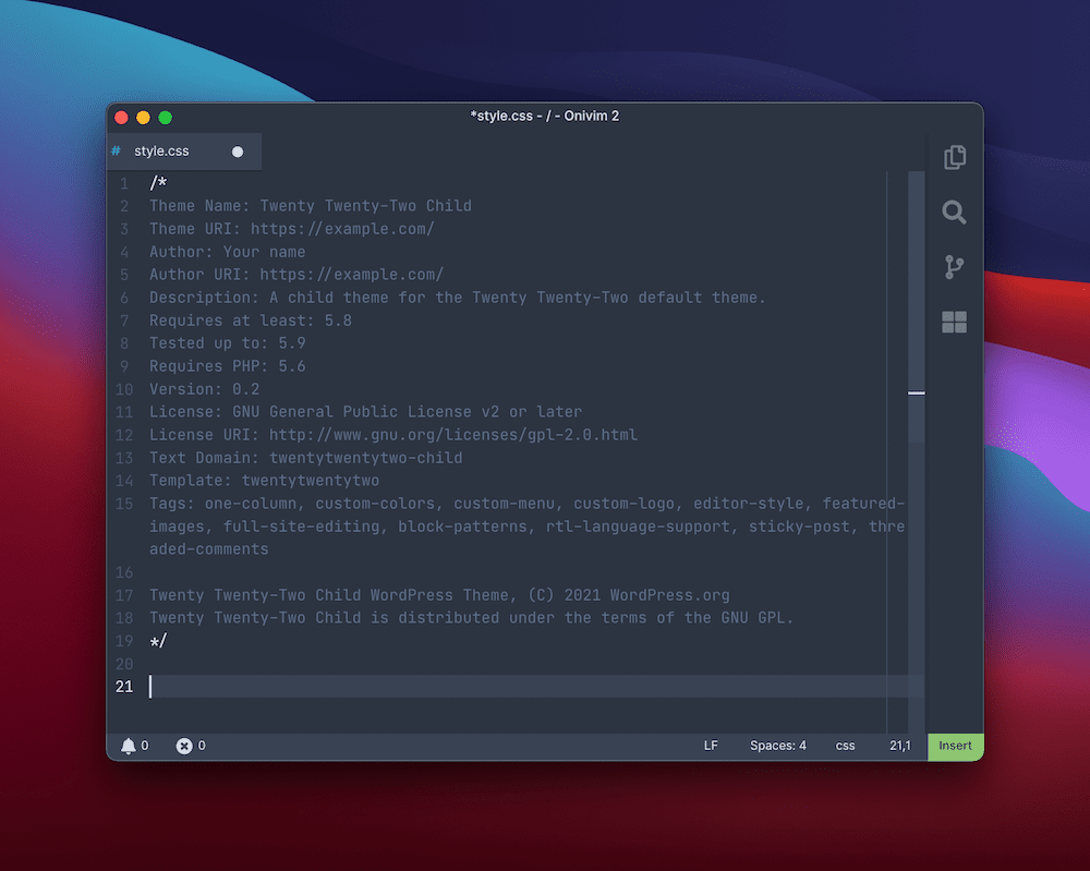 Editor Onivim2 menampilkan file style.css, dengan metadata lengkap untuk tema anak WordPress. Latar belakang adalah gradien default macOS Big Sur merah, biru, dan ungu.