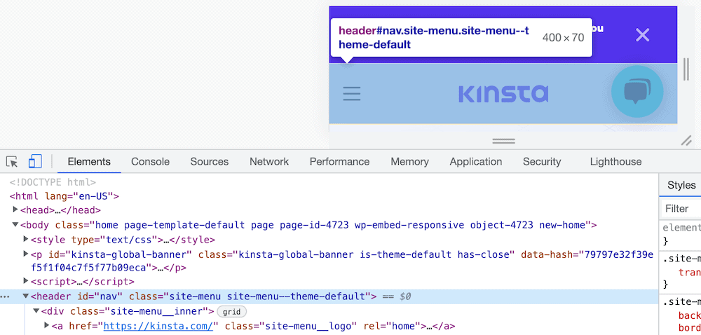 Alat Elemen Inspeksi dalam browser Brave, menampilkan sebagian kode HTML, menyorot tag 'tajuk', dan sebagian beranda Kinsta yang ditampilkan di perangkat layar kecil.