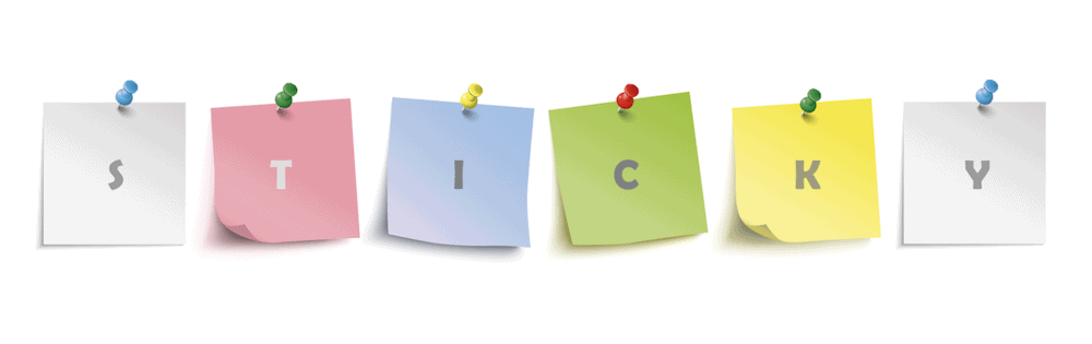 Logo plugin Sticky Menu & Sticky Header dari WordPress.org, yang menunjukkan kata "Sticky" dieja dengan huruf individual pada catatan tempel berwarna berbeda, disematkan ke latar belakang putih.
