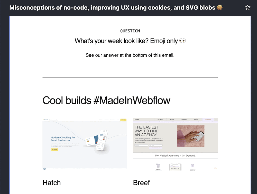 Un e-mail HTML afișat în browser, afișând un titlu care conține un emoji cookie și un conținut corporal care arată imagini, emoji și formatare tipografie.