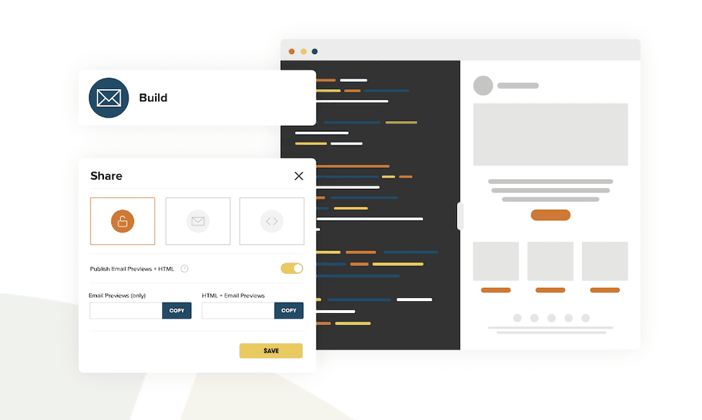 Site-ul web Litmus cu trei panouri modele - unul în modul întunecat - care arată opțiuni pentru a crea și partaja e-mailuri, împreună cu pictograme care afișează un lacăt și un plic.