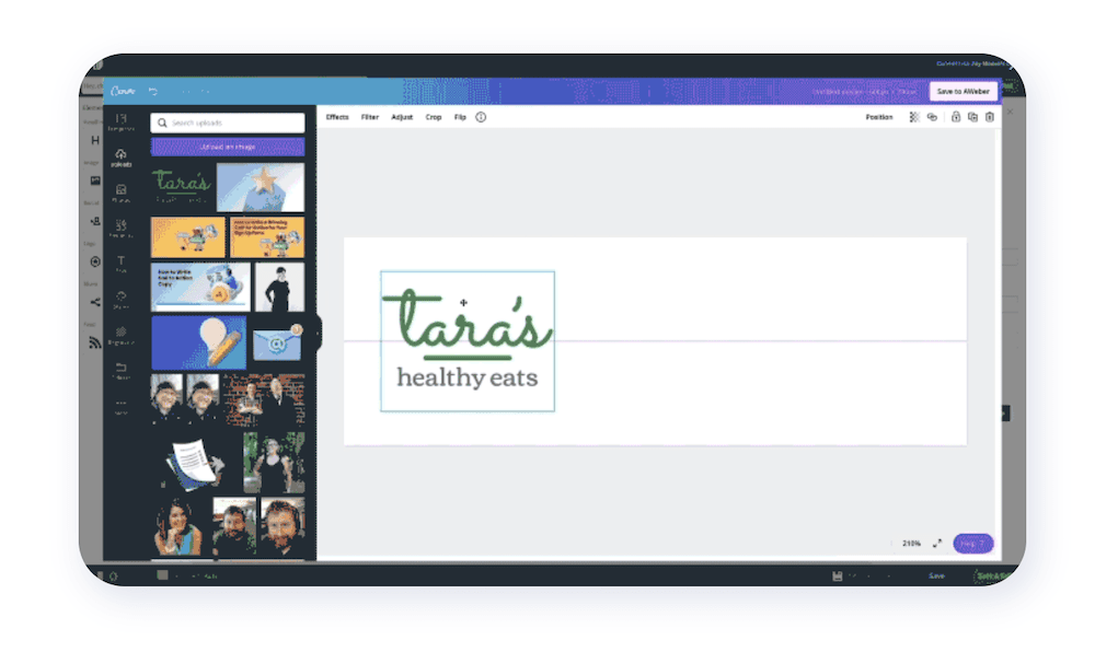Interfața lui AWeber, care arată interfața Canva suprapusă pe generatorul vizual. Pânza arată sigla pentru „Tara’s Healthy Eats”, iar bara laterală conține o serie de grafice și imagini.