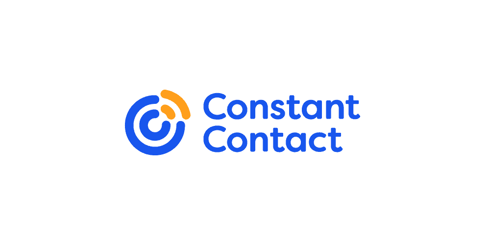 Logo-ul Constant Contact, în albastru, cu un logo circular care conține o secțiune în galben.