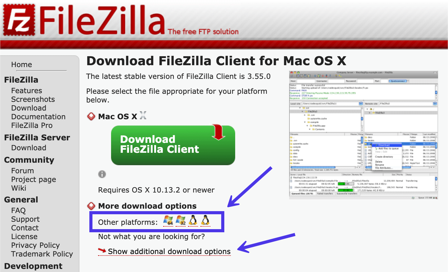 다른 플랫폼의 FileZilla 버전을 볼 수 있습니다.